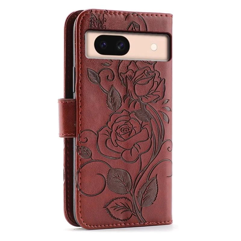 For Google Pixel 8a Case Wallet Stand Imprinted Rose Butterfly PU Leather Phone Cover - Brown