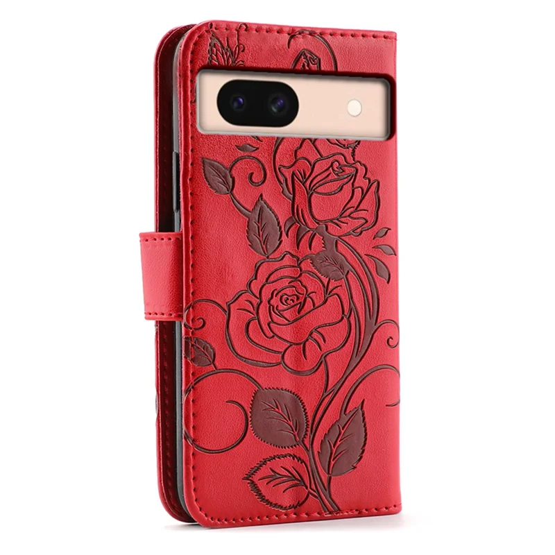 For Google Pixel 8a Case Wallet Stand Imprinted Rose Butterfly PU Leather Phone Cover - Red
