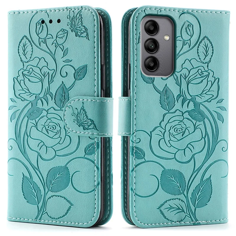 For Samsung Galaxy A05s 4G Case Wallet Stand Imprinted Rose Butterfly PU Leather Phone Cover - Green