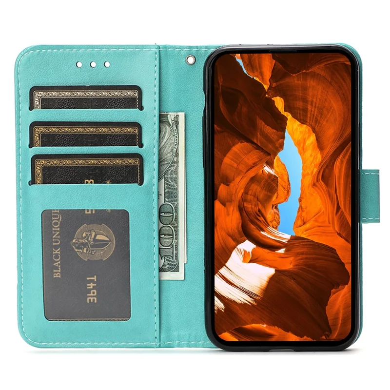 For Samsung Galaxy A05s 4G Case Wallet Stand Imprinted Rose Butterfly PU Leather Phone Cover - Green