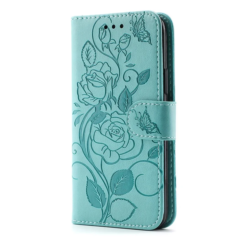For Samsung Galaxy A05s 4G Case Wallet Stand Imprinted Rose Butterfly PU Leather Phone Cover - Green