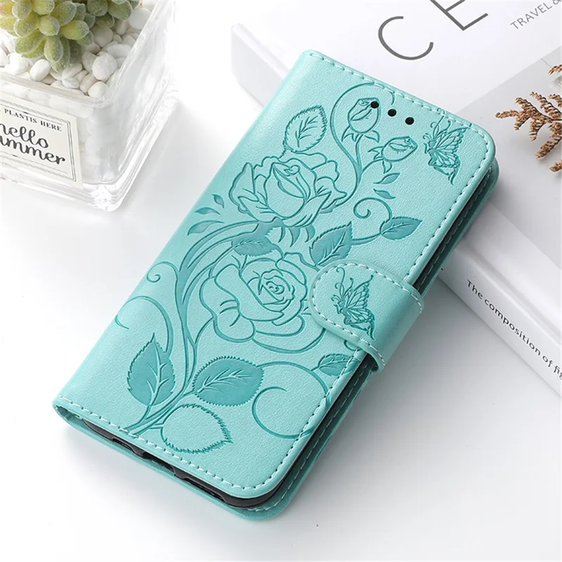 For Samsung Galaxy A05s 4G Case Wallet Stand Imprinted Rose Butterfly PU Leather Phone Cover - Green