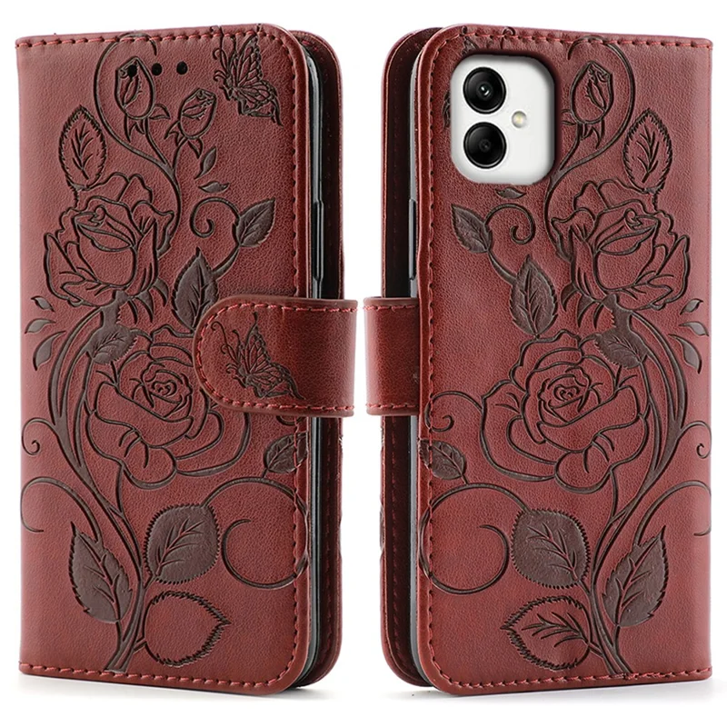 For Samsung Galaxy A07 4G / A06 4G / A06 5G Case Wallet Stand Imprinted Rose Butterfly PU Leather Phone Cover - Brown