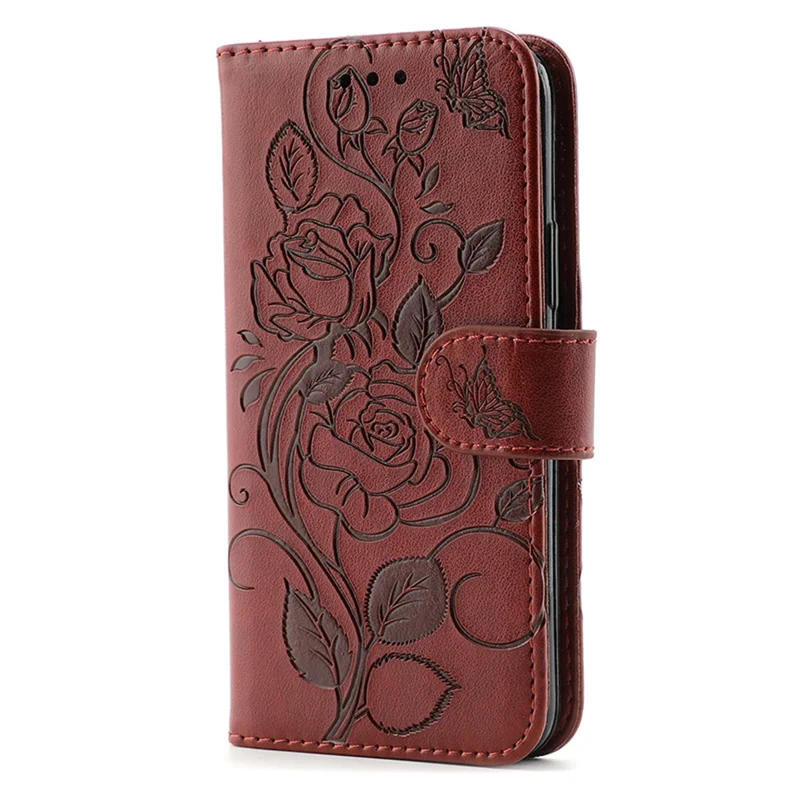 For Samsung Galaxy A15 4G / 5G Case Wallet Stand Imprinted Rose Butterfly PU Leather Phone Cover - Brown