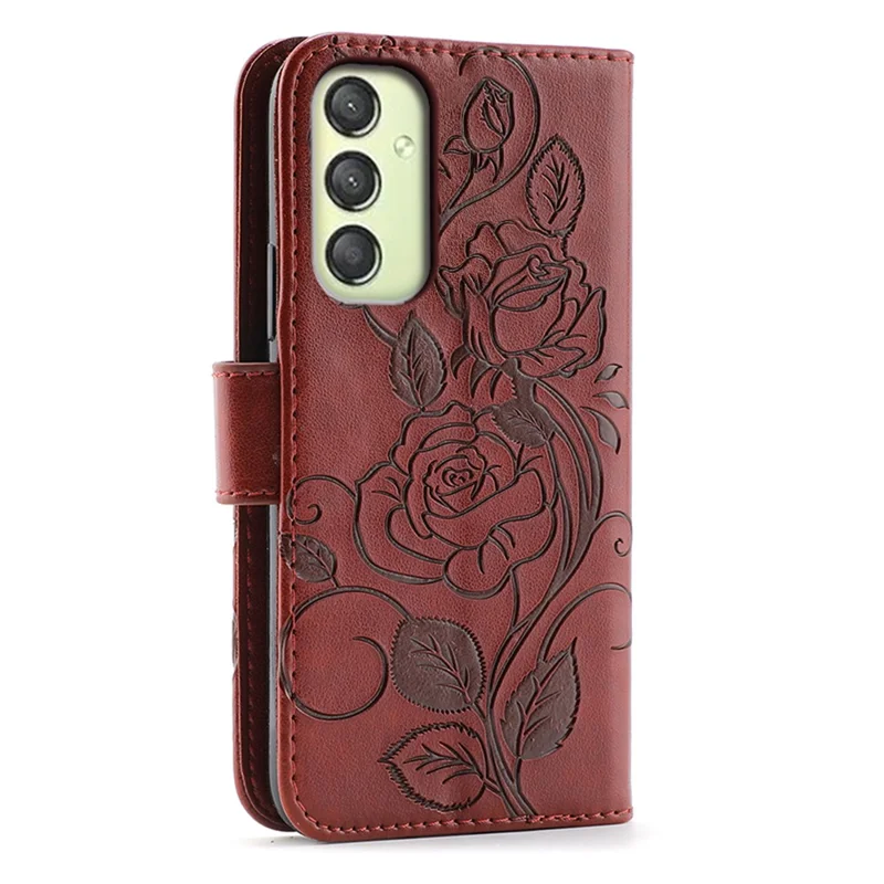 For Samsung Galaxy A15 4G / 5G Case Wallet Stand Imprinted Rose Butterfly PU Leather Phone Cover - Brown