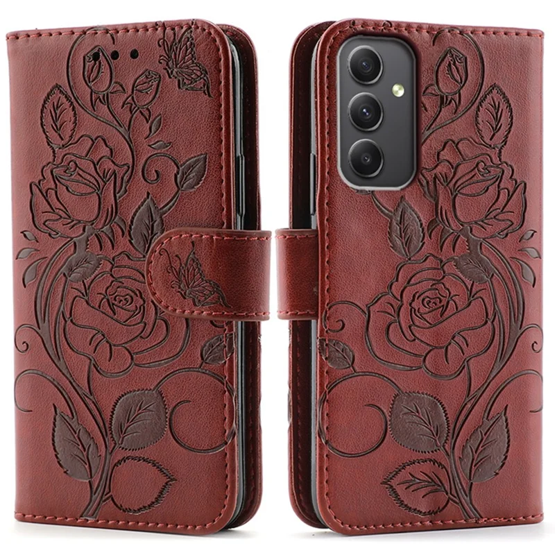 For Samsung Galaxy A35 5G Case Wallet Stand Imprinted Rose Butterfly PU Leather Phone Cover - Brown