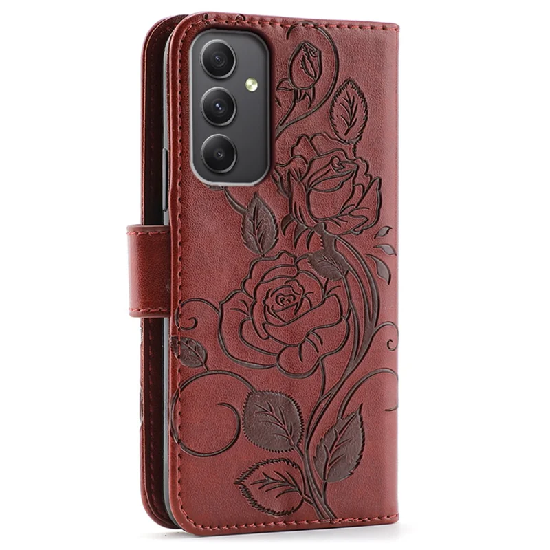 For Samsung Galaxy A35 5G Case Wallet Stand Imprinted Rose Butterfly PU Leather Phone Cover - Brown