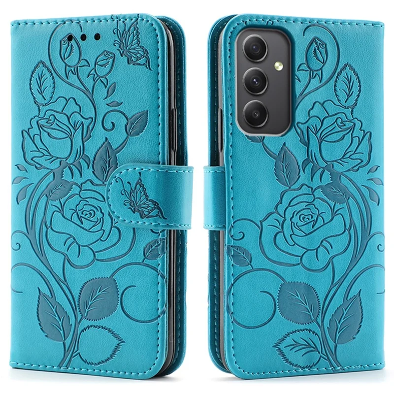 For Samsung Galaxy A55 5G Case Wallet Stand Imprinted Rose Butterfly PU Leather Phone Cover - Blue