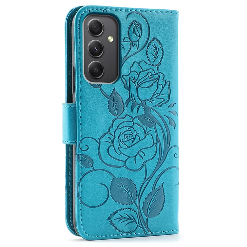 For Samsung Galaxy A55 5G Case Wallet Stand Imprinted Rose Butterfly PU Leather Phone Cover - Blue