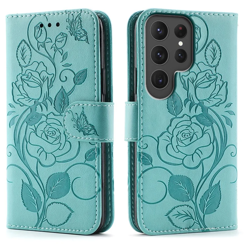For Samsung Galaxy S24 Ultra Case Wallet Stand Imprinted Rose Butterfly PU Leather Phone Cover - Green