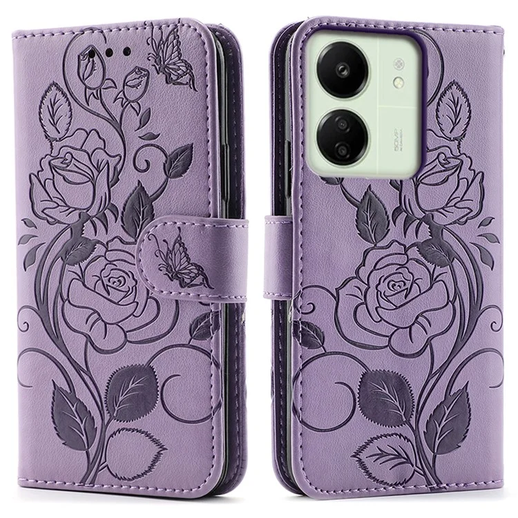 Étui portefeuille pour Xiaomi Redmi 13C 4G / 5G / 13R 5G / Poco M6 5G / C65 4G avec support et motif Rose Papillon en cuir PU - Violet