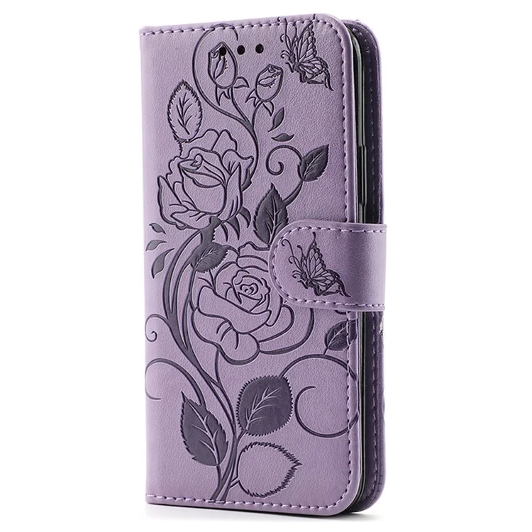 Étui portefeuille pour Xiaomi Redmi 13C 4G / 5G / 13R 5G / Poco M6 5G / C65 4G avec support et motif Rose Papillon en cuir PU - Violet