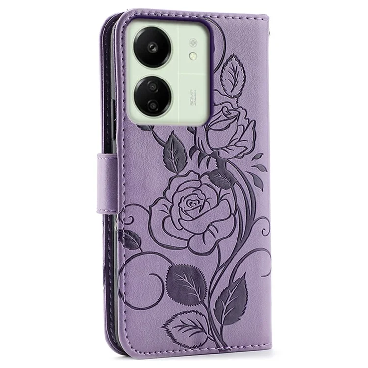 Étui portefeuille pour Xiaomi Redmi 13C 4G / 5G / 13R 5G / Poco M6 5G / C65 4G avec support et motif Rose Papillon en cuir PU - Violet