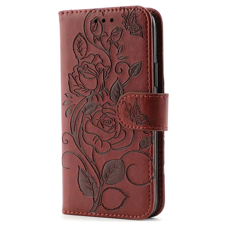 For iPhone 14 Case Wallet Stand Imprinted Rose Butterfly PU Leather Phone Cover - Brown