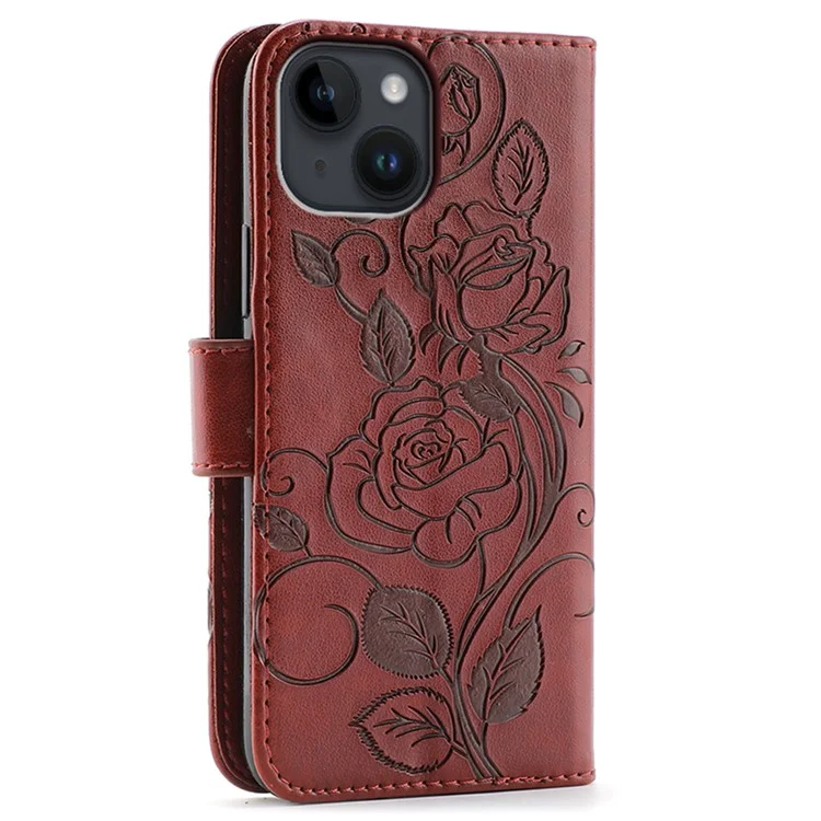 For iPhone 14 Case Wallet Stand Imprinted Rose Butterfly PU Leather Phone Cover - Brown