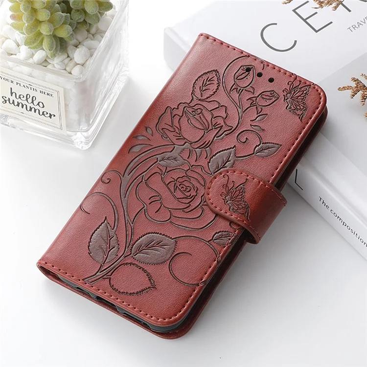 For iPhone 14 Case Wallet Stand Imprinted Rose Butterfly PU Leather Phone Cover - Brown