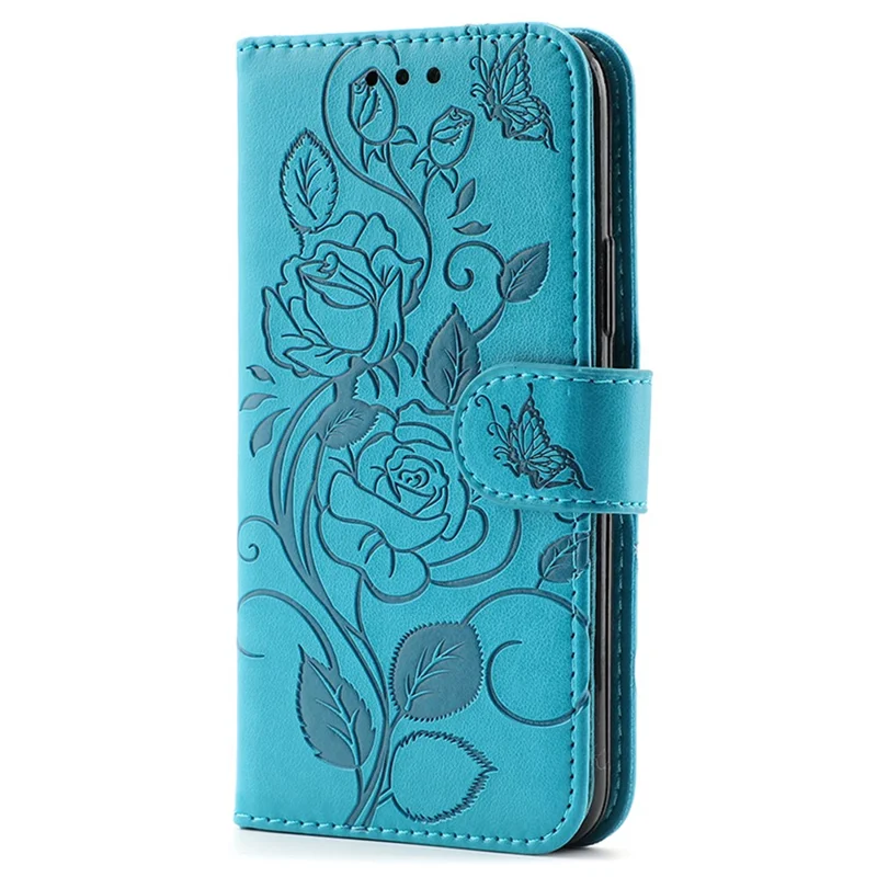 For iPhone 14 Pro Case Wallet Stand Imprinted Rose Butterfly PU Leather Phone Cover - Blue