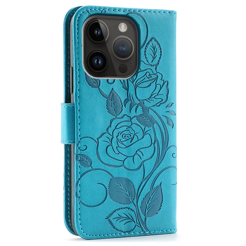 For iPhone 14 Pro Case Wallet Stand Imprinted Rose Butterfly PU Leather Phone Cover - Blue