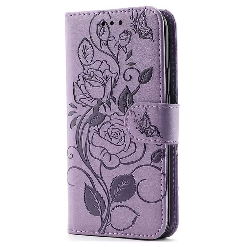 For iPhone 14 Pro Max Case Wallet Stand Imprinted Rose Butterfly PU Leather Phone Cover - Purple
