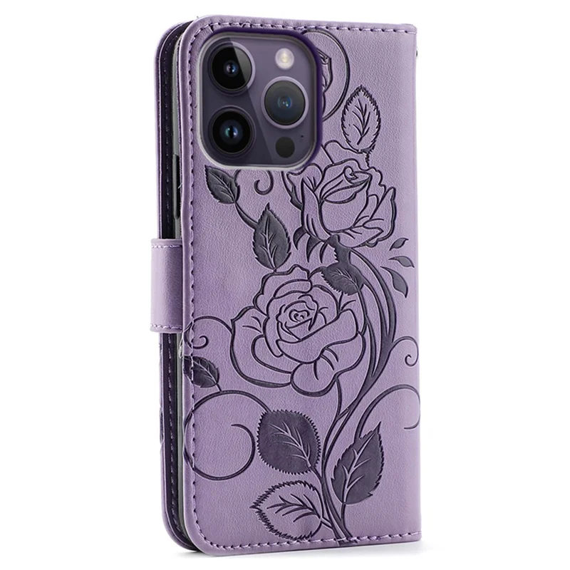 For iPhone 14 Pro Max Case Wallet Stand Imprinted Rose Butterfly PU Leather Phone Cover - Purple