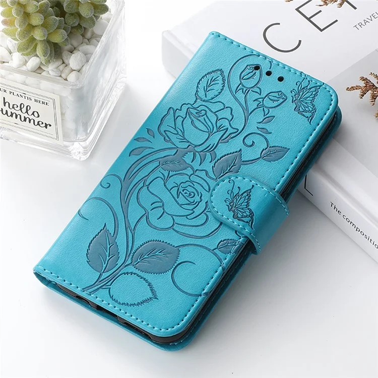 For iPhone 15 Case Wallet Stand Imprinted Rose Butterfly PU Leather Phone Cover - Blue