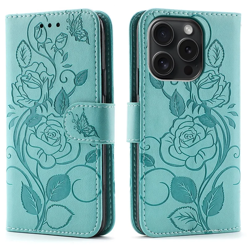 For iPhone 15 Pro Max Case Wallet Stand Imprinted Rose Butterfly PU Leather Phone Cover - Green
