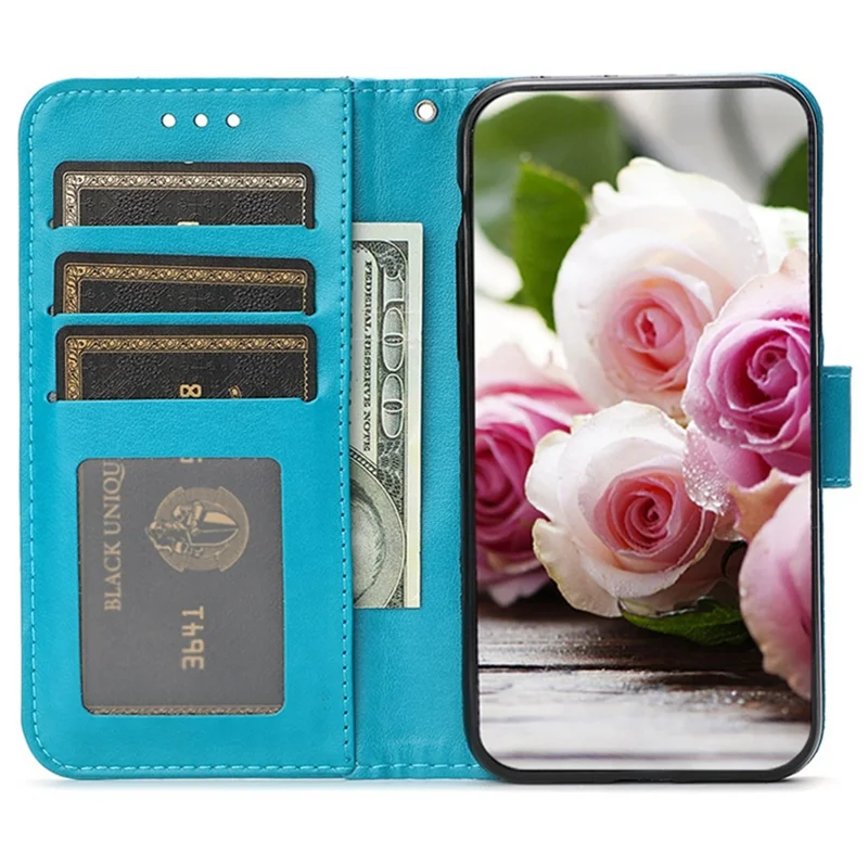 For iPhone 15 Pro Max Case Wallet Stand Imprinted Rose Butterfly PU Leather Phone Cover - Blue
