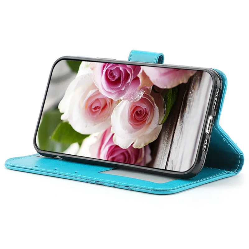 For iPhone 15 Pro Max Case Wallet Stand Imprinted Rose Butterfly PU Leather Phone Cover - Blue