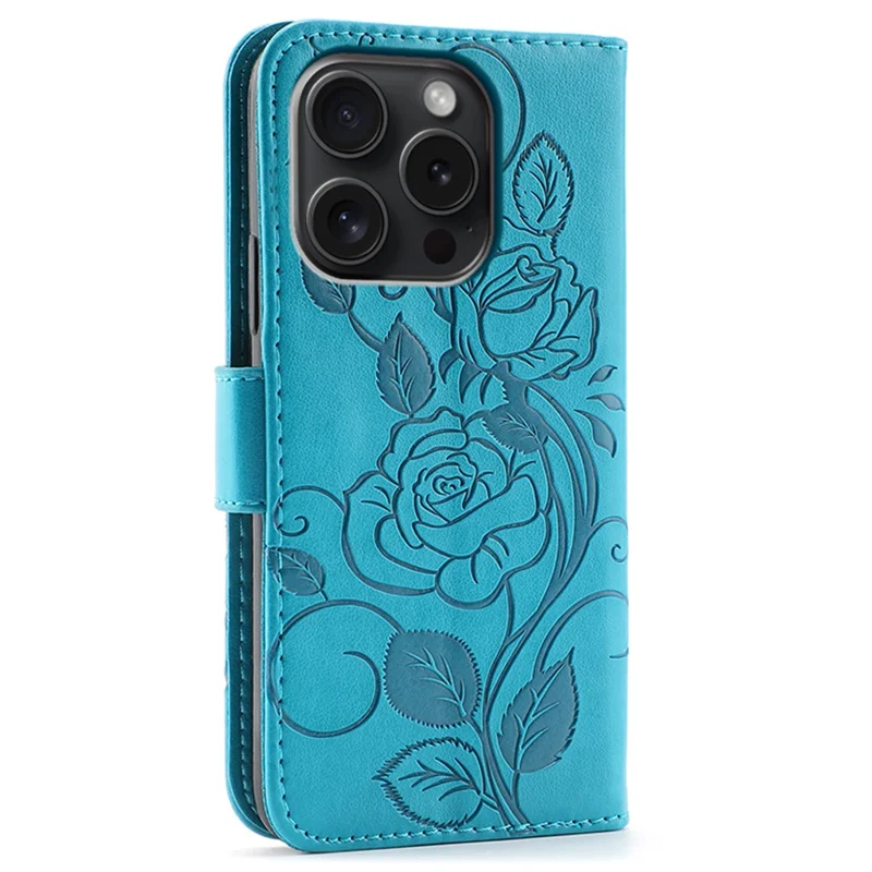 For iPhone 15 Pro Max Case Wallet Stand Imprinted Rose Butterfly PU Leather Phone Cover - Blue