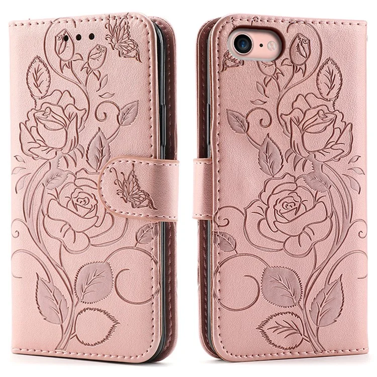 For iPhone 16e Case Wallet Stand Imprinted Rose Butterfly PU Leather Phone Cover - Rose Gold