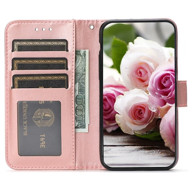 For iPhone 16e Case Wallet Stand Imprinted Rose Butterfly PU Leather Phone Cover - Rose Gold