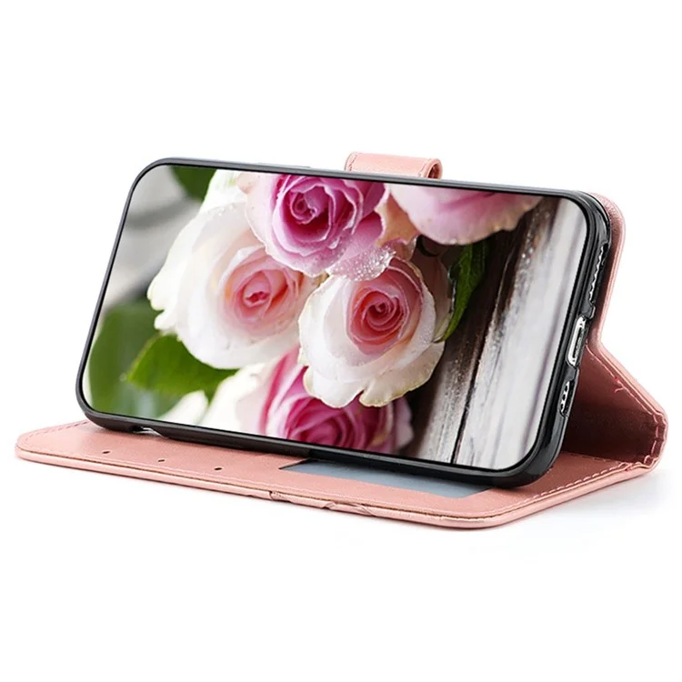 For iPhone 16e Case Wallet Stand Imprinted Rose Butterfly PU Leather Phone Cover - Rose Gold