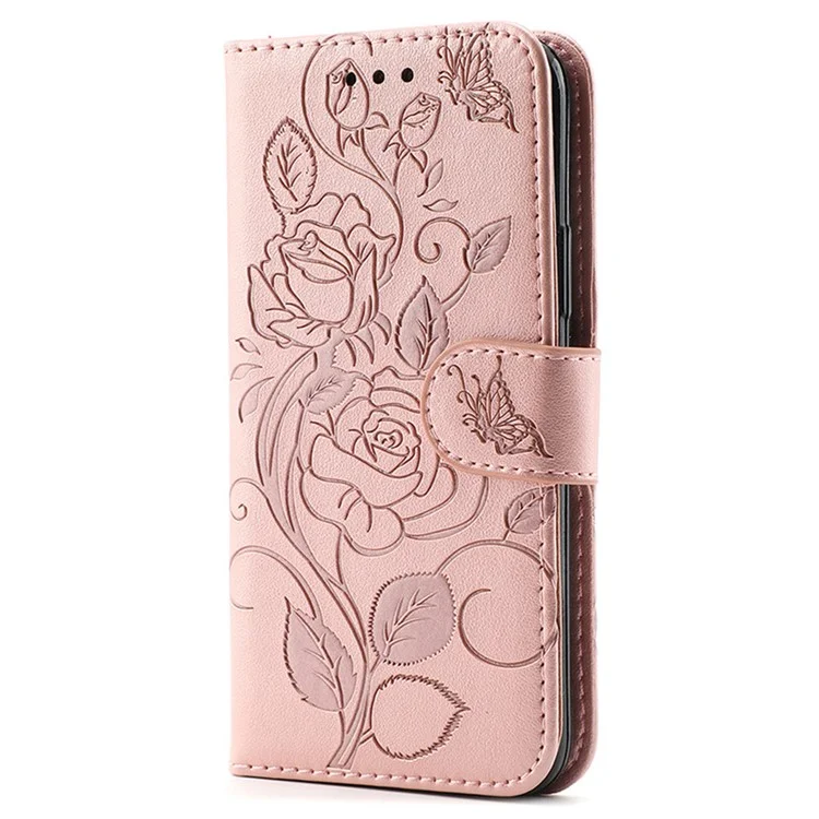 For iPhone 16e Case Wallet Stand Imprinted Rose Butterfly PU Leather Phone Cover - Rose Gold