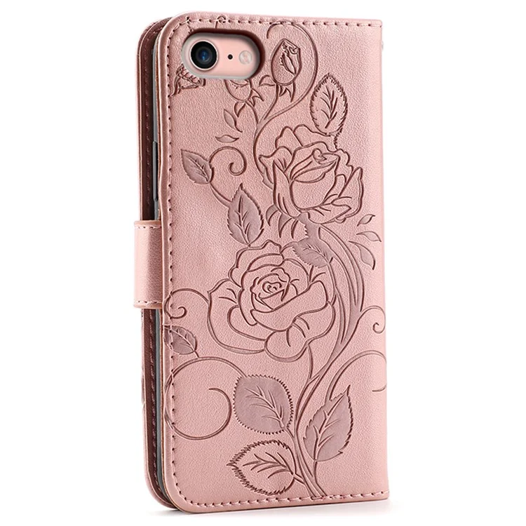 For iPhone 16e Case Wallet Stand Imprinted Rose Butterfly PU Leather Phone Cover - Rose Gold