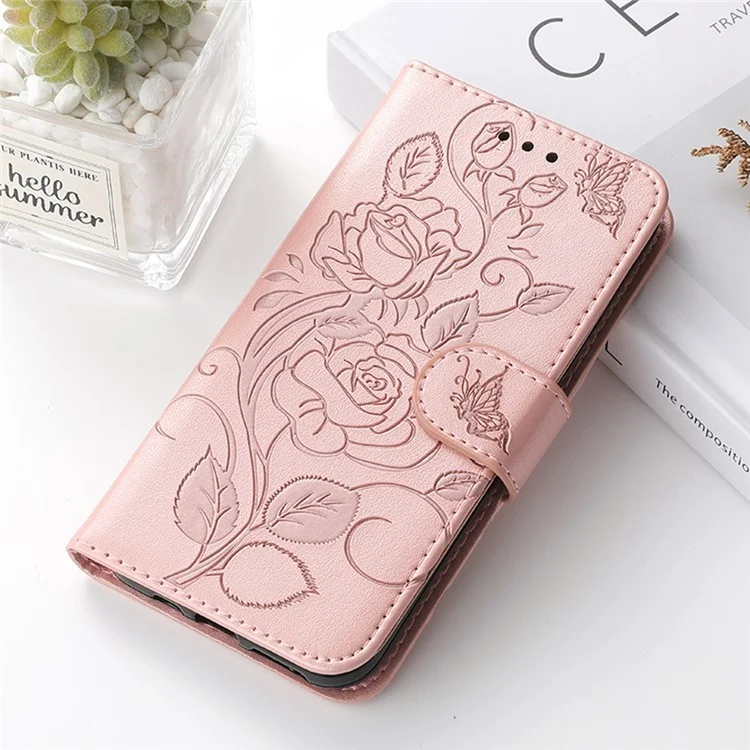 For iPhone 16e Case Wallet Stand Imprinted Rose Butterfly PU Leather Phone Cover - Rose Gold