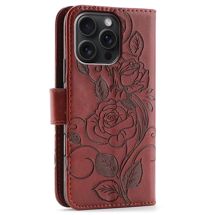 Étui portefeuille pour iPhone 16 Pro Max avec support, motif Rose Papillon, en cuir PU - Marron