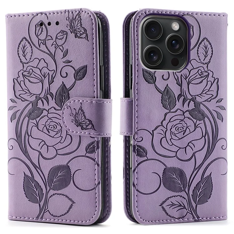 Étui portefeuille pour iPhone 16 Pro avec support, motif Papillon Rose imprimé, en cuir PU - Violet