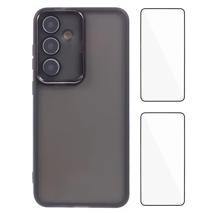 WANLONFENG DKSM2 Serie Handyhülle für Samsung Galaxy S25 TPU Klare Schutzhülle mit 2 Displayschutzfolien / Elektrolytisch beschichteter Kamerarahmen - Transparent Schwarz