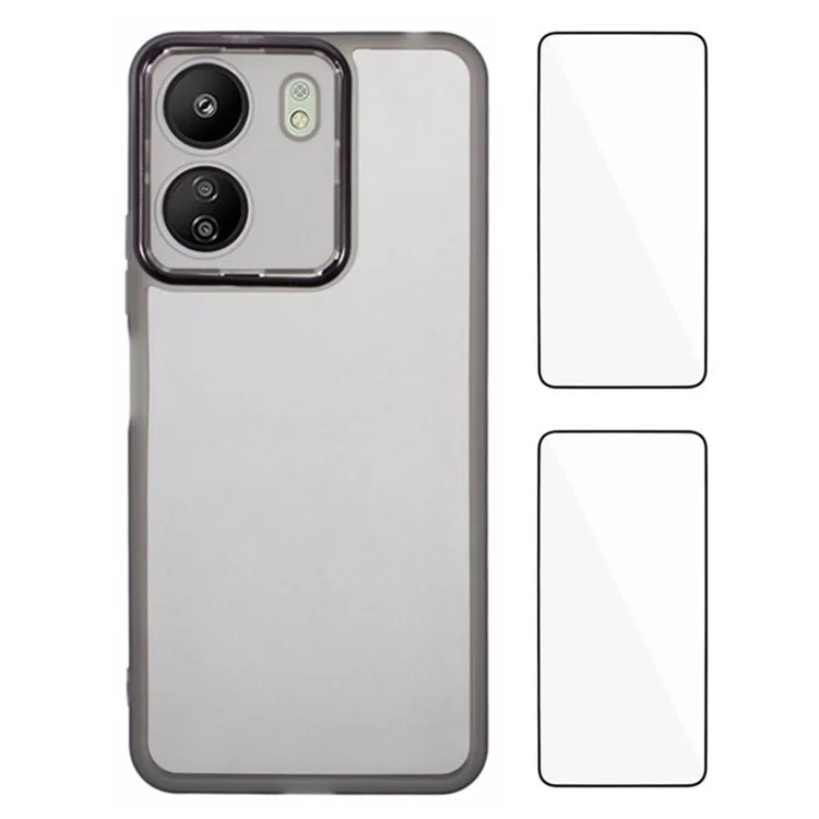 WANLONFENG DKSM2 Serie Handyhülle für Xiaomi Redmi 13C 4G TPU Transparente Schutzhülle mit 2 Displayschutzfolien / Elektrolytisch beschichteter Kamerarahmen - Transparent Schwarz