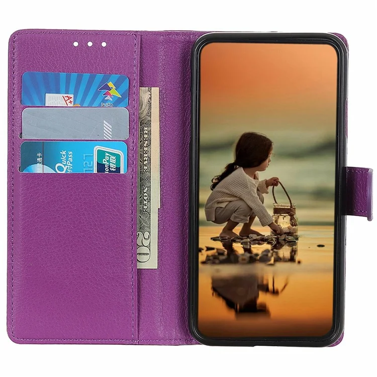 For Motorola Moto E22 4G / E22i 4G Litchi Texture PU Leather Stand Case Drop-proof Protection Wallet Phone Cover - Purple
