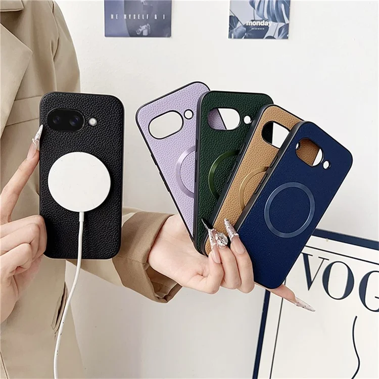 Funda para Google Pixel 9a Compatible con MagSafe de Cuero PU + Carcasa Trasera de TPU - Negro