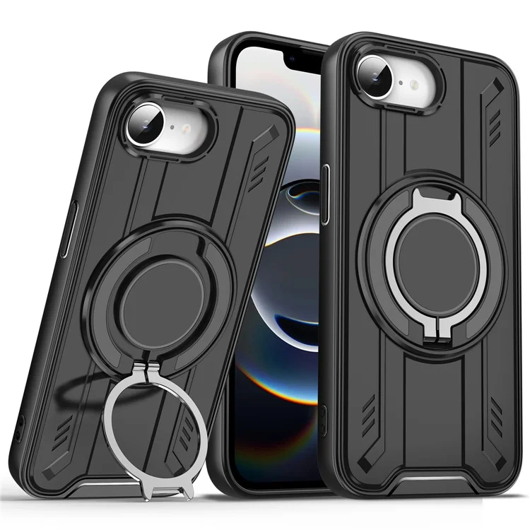 Cover per iPhone 16e Compatibile con MagSafe, Anello Rotante e Supporto, Cover per Telefono Antiurto in PC + TPU - Nero