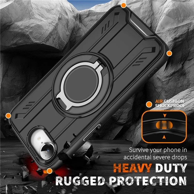 Cover per iPhone 16e Compatibile con MagSafe, Anello Rotante e Supporto, Cover per Telefono Antiurto in PC + TPU - Nero