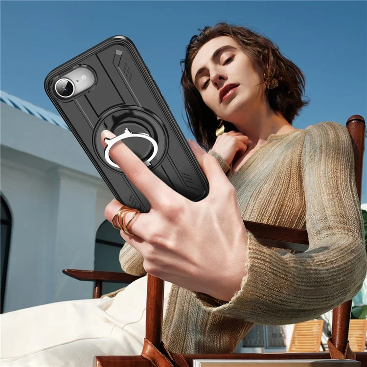 Cover per iPhone 16e Compatibile con MagSafe, Anello Rotante e Supporto, Cover per Telefono Antiurto in PC + TPU - Nero