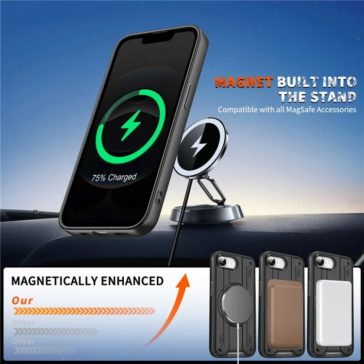 Cover per iPhone 16e Compatibile con MagSafe, Anello Rotante e Supporto, Cover per Telefono Antiurto in PC + TPU - Nero