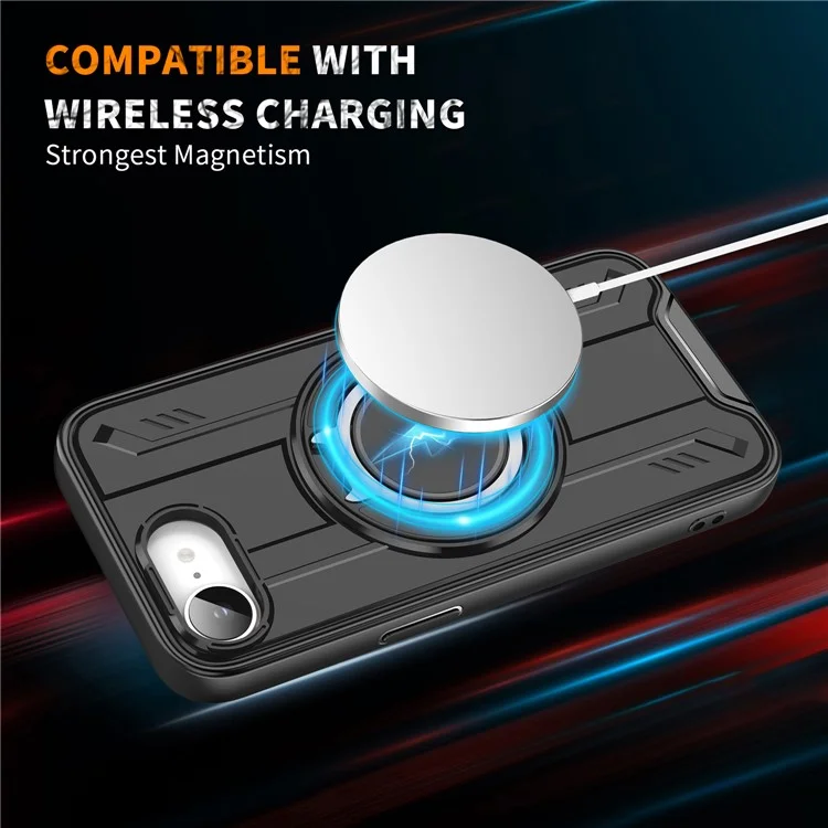 Cover per iPhone 16e Compatibile con MagSafe, Anello Rotante e Supporto, Cover per Telefono Antiurto in PC + TPU - Nero