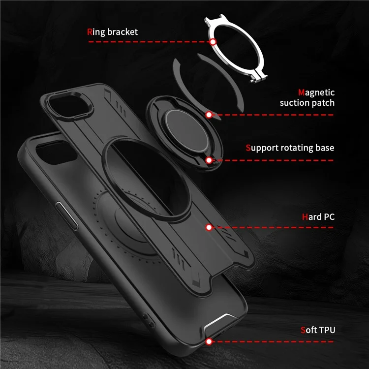 Cover per iPhone 16e Compatibile con MagSafe, Anello Rotante e Supporto, Cover per Telefono Antiurto in PC + TPU - Nero