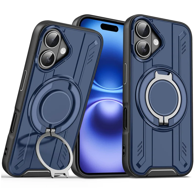 For iPhone 16 Case Compatible with MagSafe Rotating Ring Kickstand PC + TPU Shockproof Phone Cover - Blue