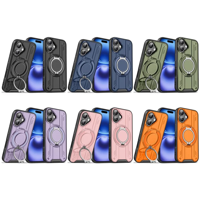 For iPhone 16 Case Compatible with MagSafe Rotating Ring Kickstand PC + TPU Shockproof Phone Cover - Blue