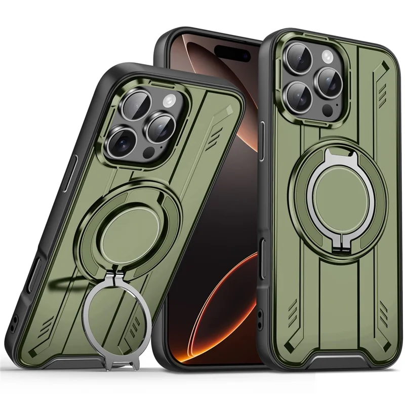 For iPhone 16 Pro Case Compatible with MagSafe Rotating Ring Kickstand PC + TPU Shockproof Phone Cover - Green